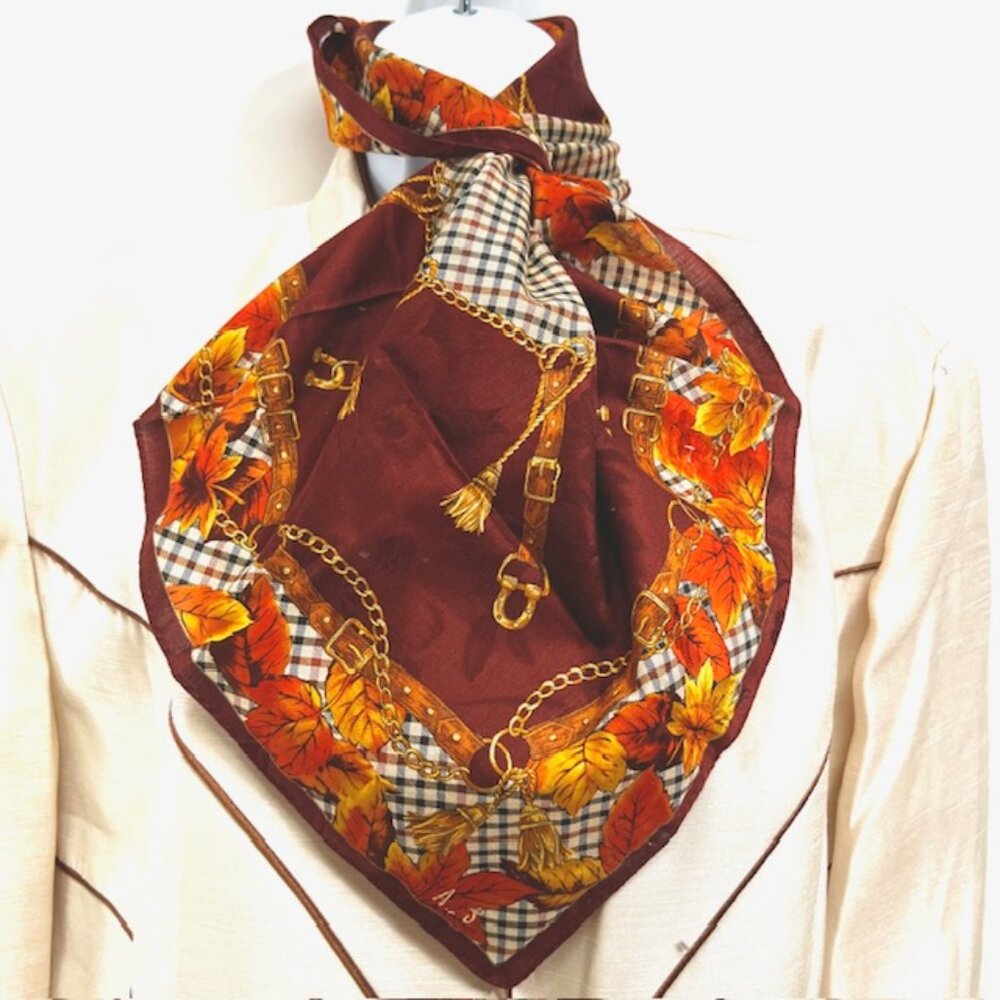 New DAKS Bandana/ Scarf Silk/Cotton 23" Burgendy  black Check Automn leaves (39)